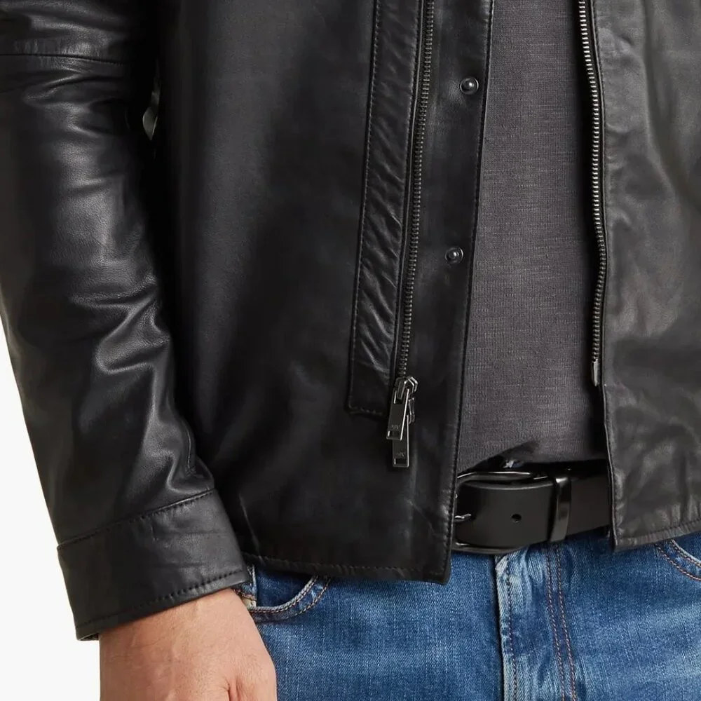 John Varvatos Men's Steve Leather Shirt Jacket Racer Collar Snap/Zip Front Black - Picture 4 of 6